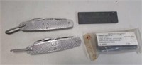 2 U.S. Folding Army Knives, Sharpening Stone & Fir