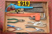 18" pipe wrench, pliers, steel wedges, & more