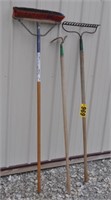 Steel rake, hoe, and broom