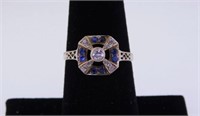 Unmarked yellow gold diamond & blue sapphire ring