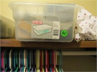 2 TOTES WITH CASSETTE TAPES, HANGERS AND SHELF