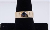 Hallmarked JA yellow gold wide band ring w/ blue