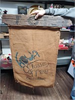 Vtg. Burlap Coffee Bag on Old Barn Wood Pc.