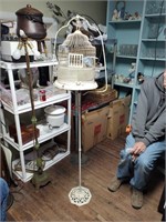 Cast Iron Base Bird Stand & Antique Bird Cage