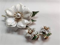 Vintage Enamel Flower Brooch and Earrings