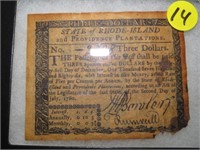 1786 RHODE ISLAND $3 NOTE AGE UNCERTAIN