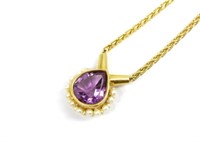 Amethyst & pearl set 18ct yellow gold necklace