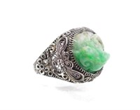 Chinese export silver & carved jade ring C.1930s
