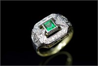 "Deco" gemstone, diamond & 18ct gold ring