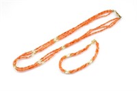 Coral & pearl multi strand necklace and bracelet