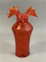 Vibrant Orange/ Red Blown Glass Vase w/Ruffled Top