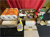 Cleaning supplies, bathroom, items, scales,