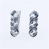 Three Stones Aquamarine & Zircon Silver Earrings
