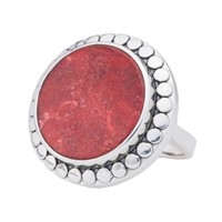 Sterling Silver Red Coral Beaded Halo Ring-SZ 6
