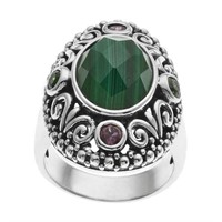 Silver Malachite & Gemstones Bali Style Ring-SZ 7