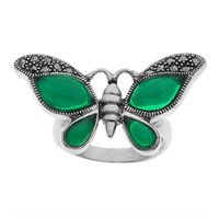 Silver Green Agate & Marcasite Butterfly Ring-SZ