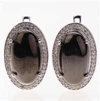 Oval Shungite & Zircon Latchback Silver Earrings