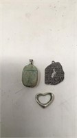 3 sterling pendants, Scarab, cat, heart