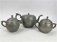 3pc Chinese Pewter Tea Set Kut Hing Swatow