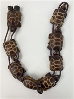Signed Carved Chinese Stone Turtle Bead Necklace