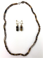 Beaded Tigers Eye Necklace & Earrings w 14K Gold