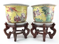 Pair of Chinese Porcelain Planters w Plates &