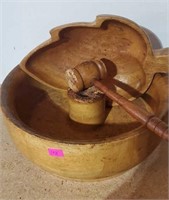 Wooden nut bowl with mallet and smaller leaf