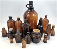 Collection Of Vintage Amber Glass Bottles
