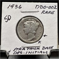 1936 MERCURY SILVER DIME DDO-002 EXTRA THICK DATE
