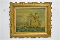 EARLY SHIP OIL ON BOARD SIGNED F.W.- 13.5" X 12"