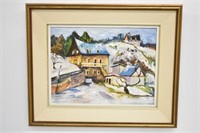 SNOWY TOWN SCENE OIL ON BOARD SIGNED RUTH FRASER
