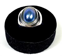 Sterling silver bezel set oval blue pearl ring,