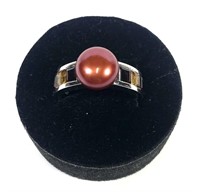 Sterling silver burnt orange pearl ring with