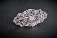 14K White Gold Vintage Filigree Diamond Brooch