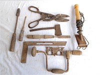 Lot Of Vintage Tools To Include A Brace Drill, Tin