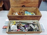 Wooden box full of screws, nails, fishing and more