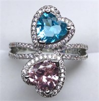 Sterling Pink & Blue Sapphire Heart Ring