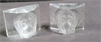 Pair of Hoya crystal lion book ends, 5"w 2.5"d x
