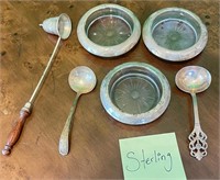 STERLING SILVER COASTERS, CANDLE SNIFFER, SPOONS