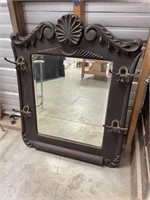 Antique Hall Mirror w Org. Coat Hooks Solid Oak