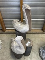 Cast Stone Coastal Pelicans on Wood Post 28"tall