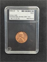 1963-D Lincoln Cent Penny Coin MS66 slabbed and