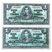Bank of canada Lot 2 x 1937 $1 In Sequence EF