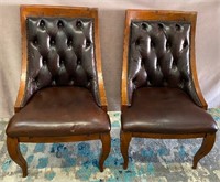 LEATHER TUFTED CHAIRS GOLD FABRIC BACK/BRASS TACKS