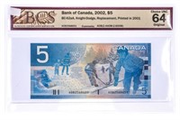 Bank of Canada 2002, $5 Choice UNC 64 , Replacemen