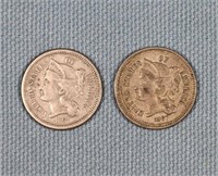 (2) 1857 Three Cent Nickels