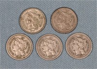 (5) Three Cent Nickels