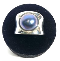 Sterling silver bezel set blue pearl ring, size 8