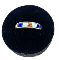 Sterling silver band style ring with lapis, coral,
