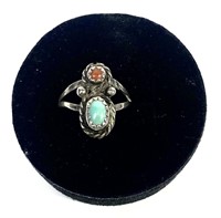 Sterling silver turquoise and coral ring, size 3